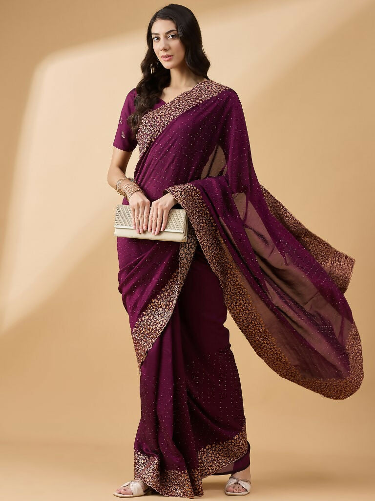 Purple Silk Blend Embroidered Saree with Unstitched Blouse - Vairagi - Distacart