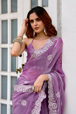 Thumbnail for Vastranavya Lavender Embroidery Work Shimmer Chiffon Saree with Unstitched Blouse