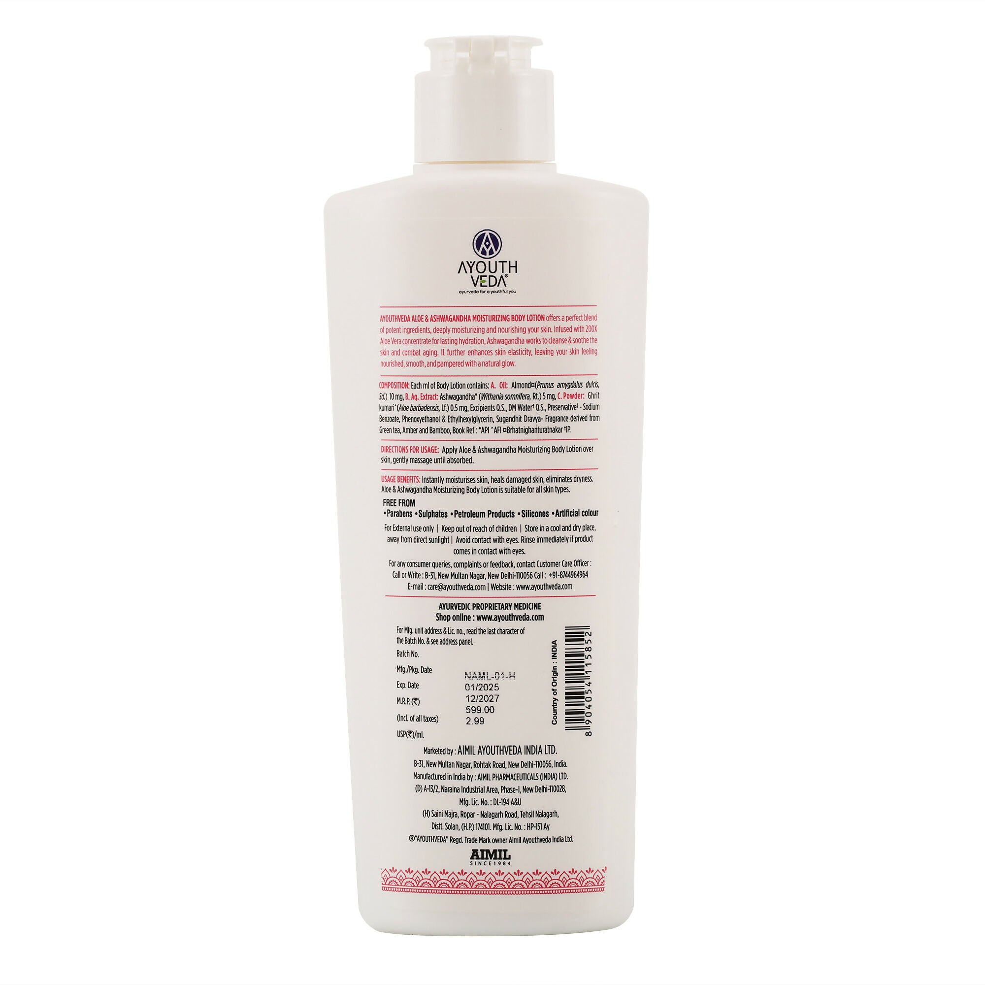 Ayouthveda Aloe & Ashwagandha Moiturizing Body Lotion - Distacart