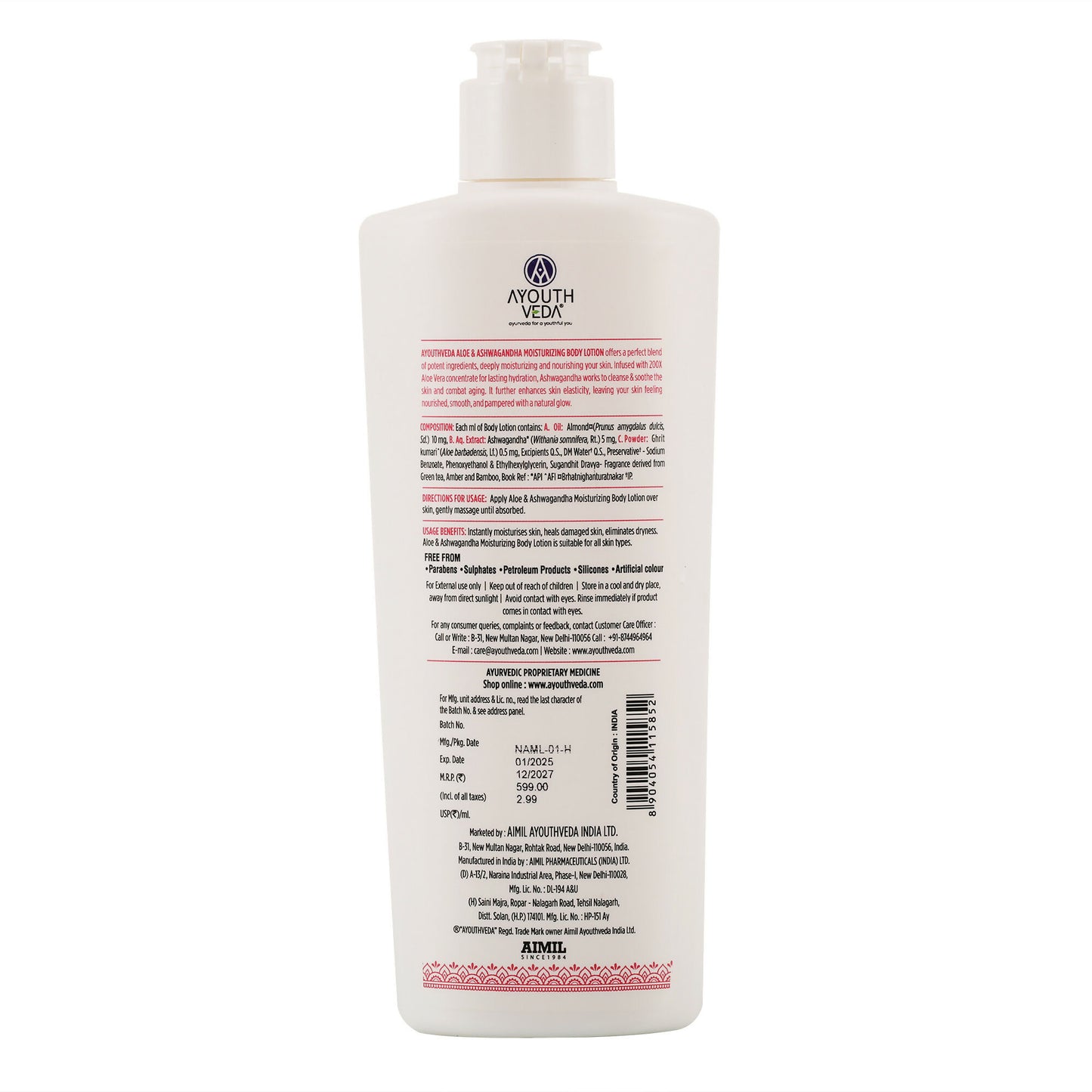 Ayouthveda Aloe & Ashwagandha Moiturizing Body Lotion - Distacart