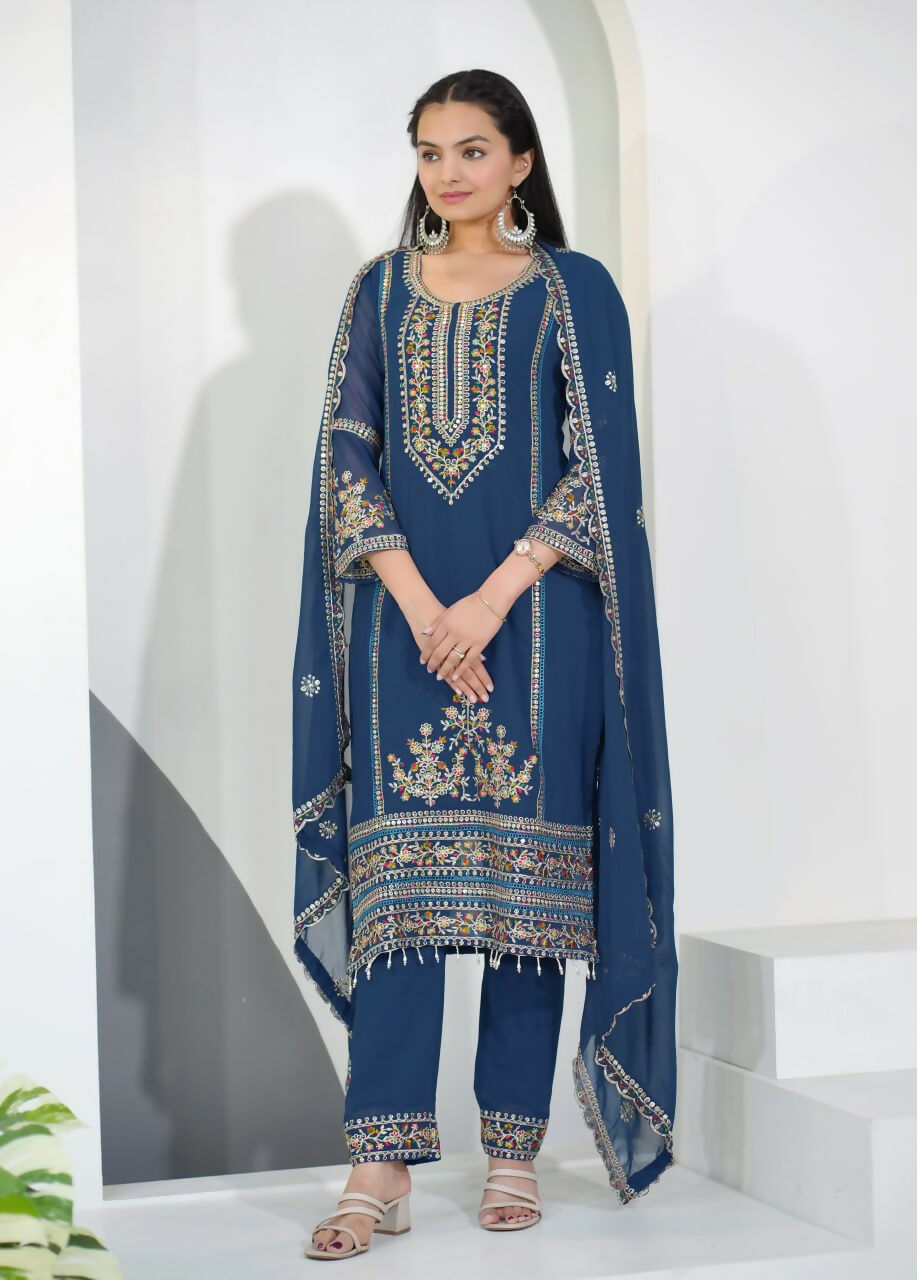 Teeya Creation Blue Color Faux Georgette Embroidery Work Party Wear Salwar Suit - Distacart