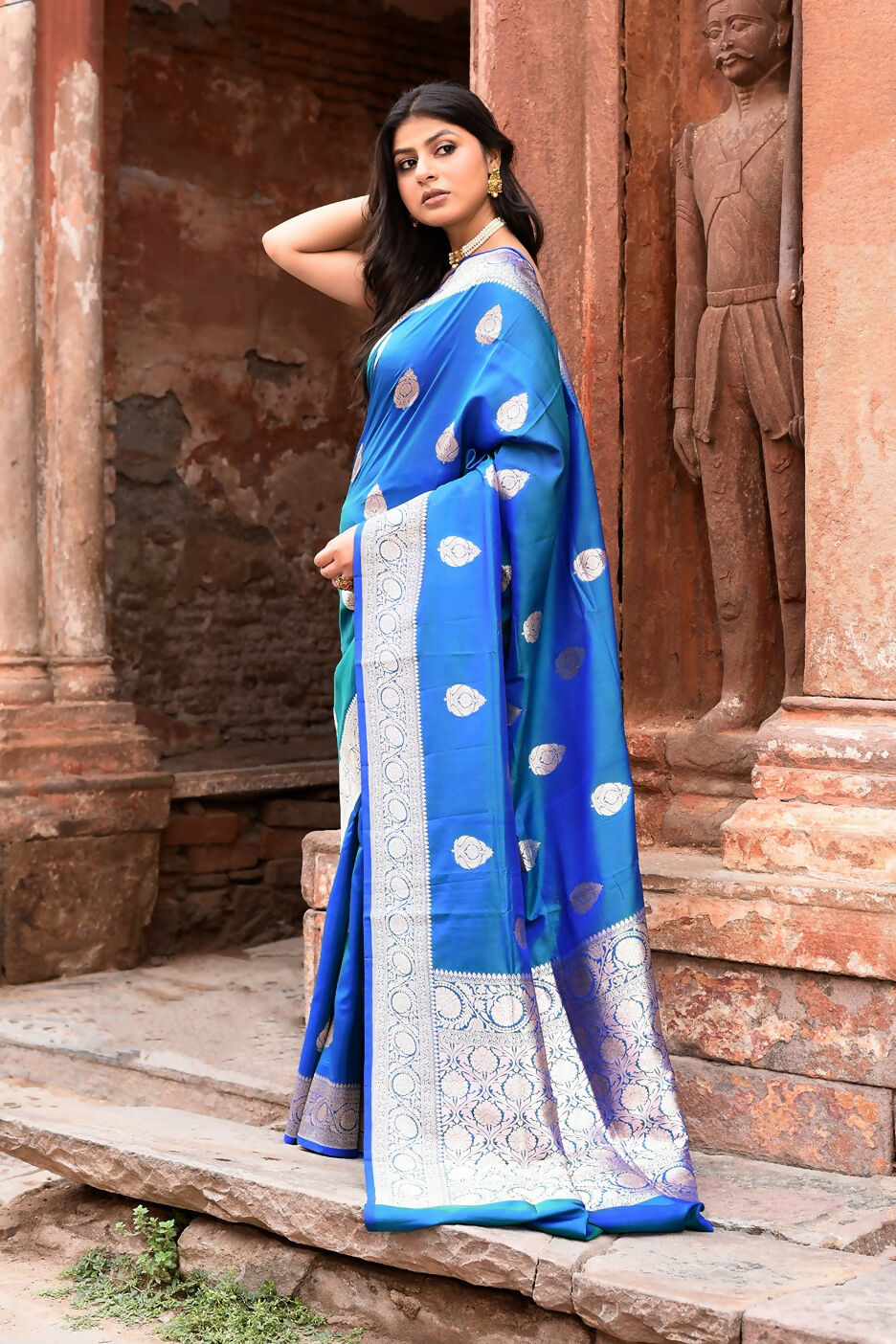 Joban Fashion Blue Banarasi Katan Pure Handloom Banarasi Silk Saree