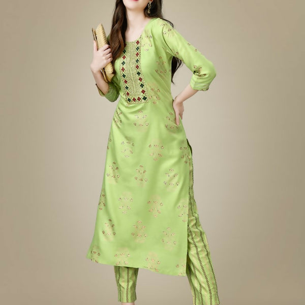 Jyoti Fashion Women's Light Green Rayon Embroidered Kurta Pant Set - Distacart