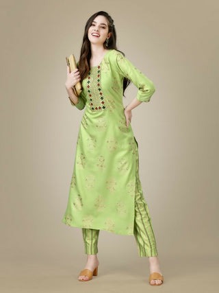 Jyoti Fashion Women's Light Green Rayon Embroidered Kurta Pant Set - Distacart