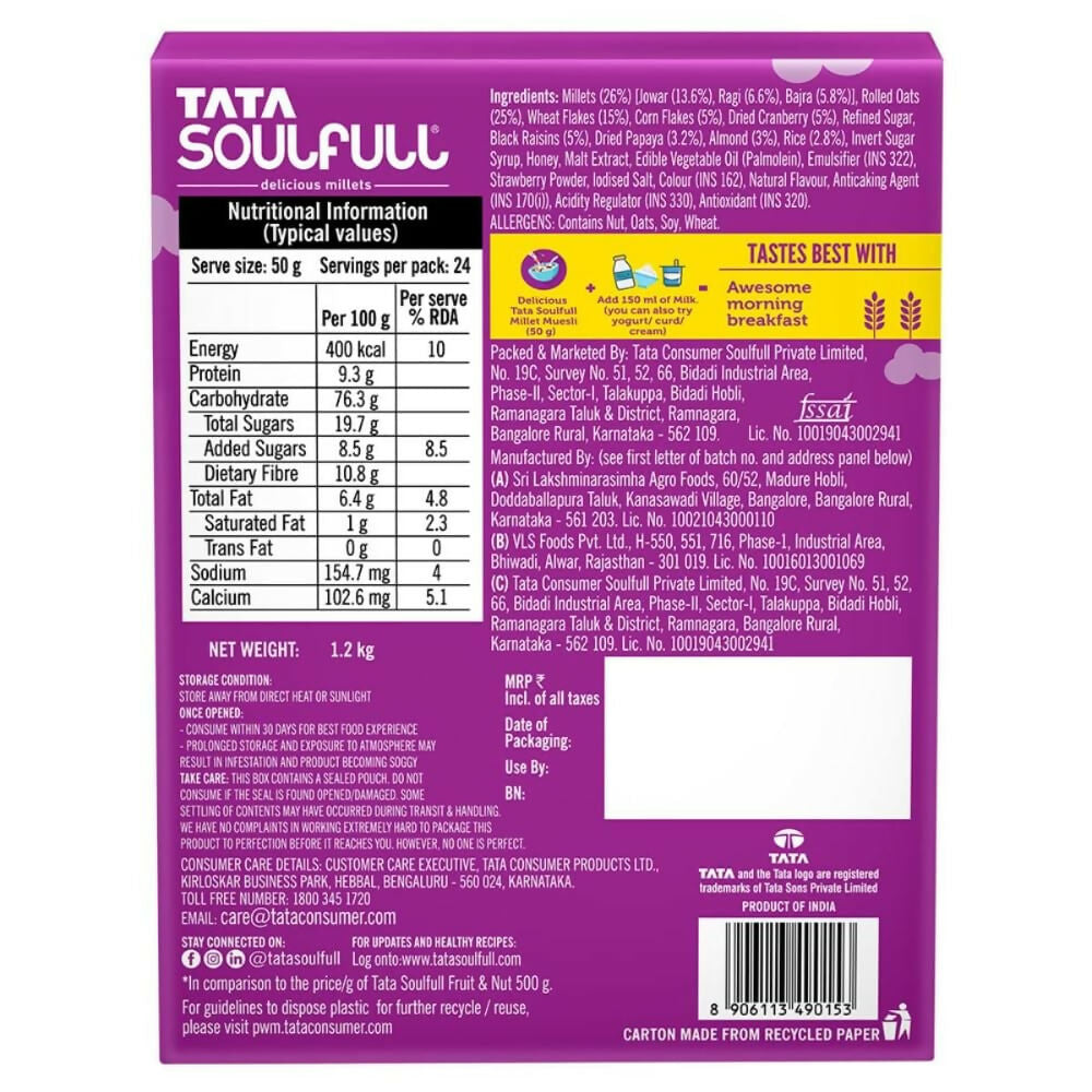 Tata Soulfull Millet Muesli Breakfast Cereals (Fruit & Nut) - Distacart