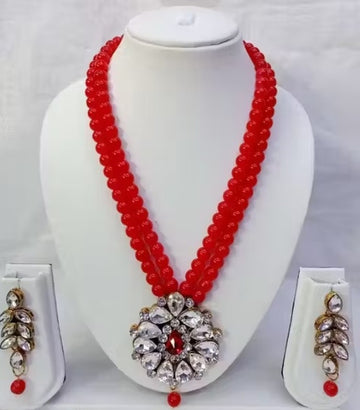 Jewel City Traditional Handcrafted Ethnic Red Beaded Necklace Set with Gold-Plated Finish & Studded Stones  - Distacart