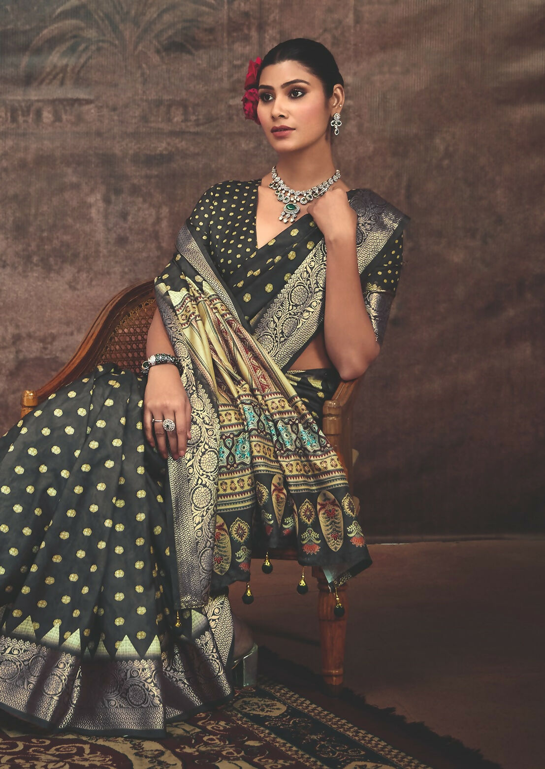 Joban Fashion Black Art Silk With Fine Viscose Border Ajrak Full Body Print With Soft Finish Saree
