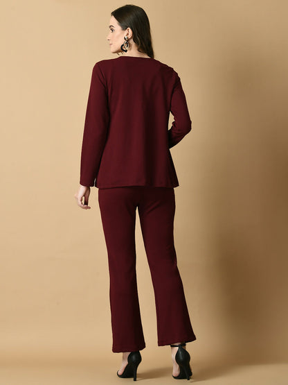 Myshka Women's Magenta Solid Coat With Trousers - Distacart