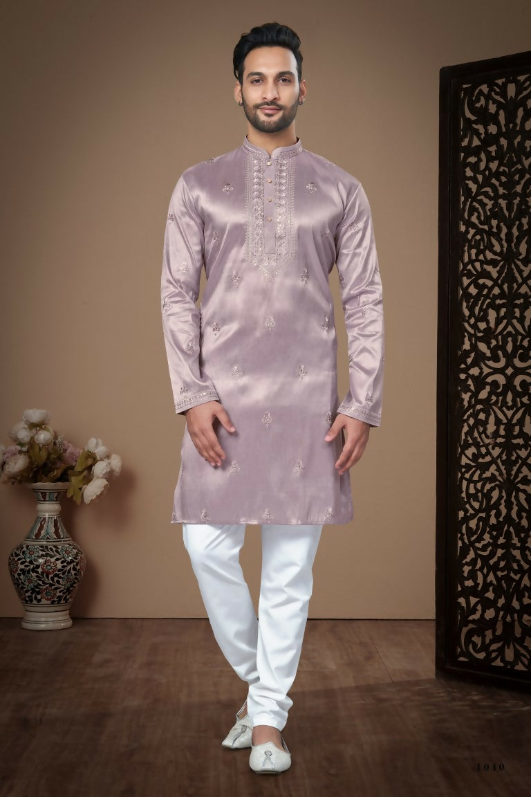 Functional Designer Men's Light Purple Heavy Super Silk Kurta With Pant - Rudra - Distacart