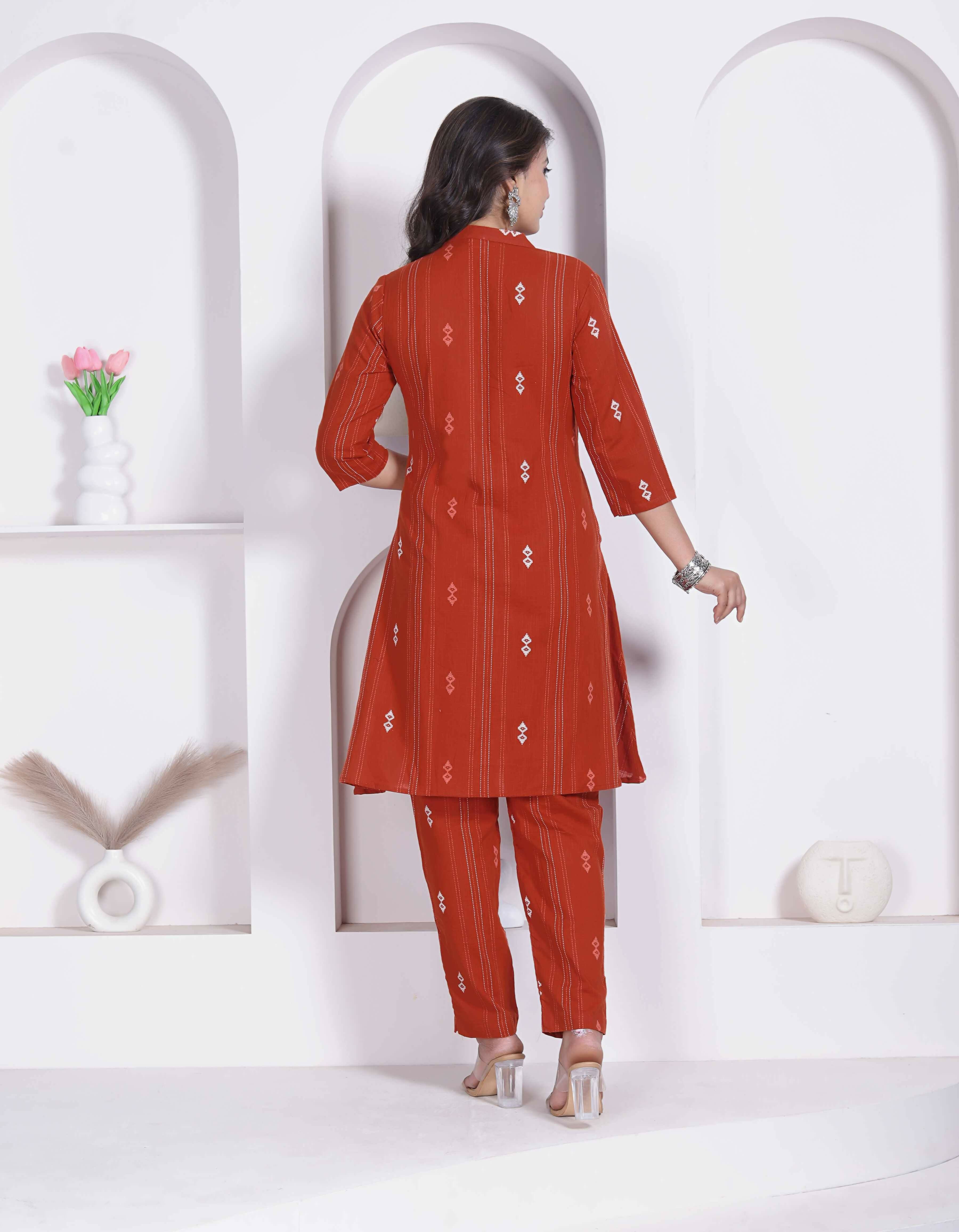 Miravan Womens Rust Color Abstract Printed Cotton Kurta With Palazzo - Dista
