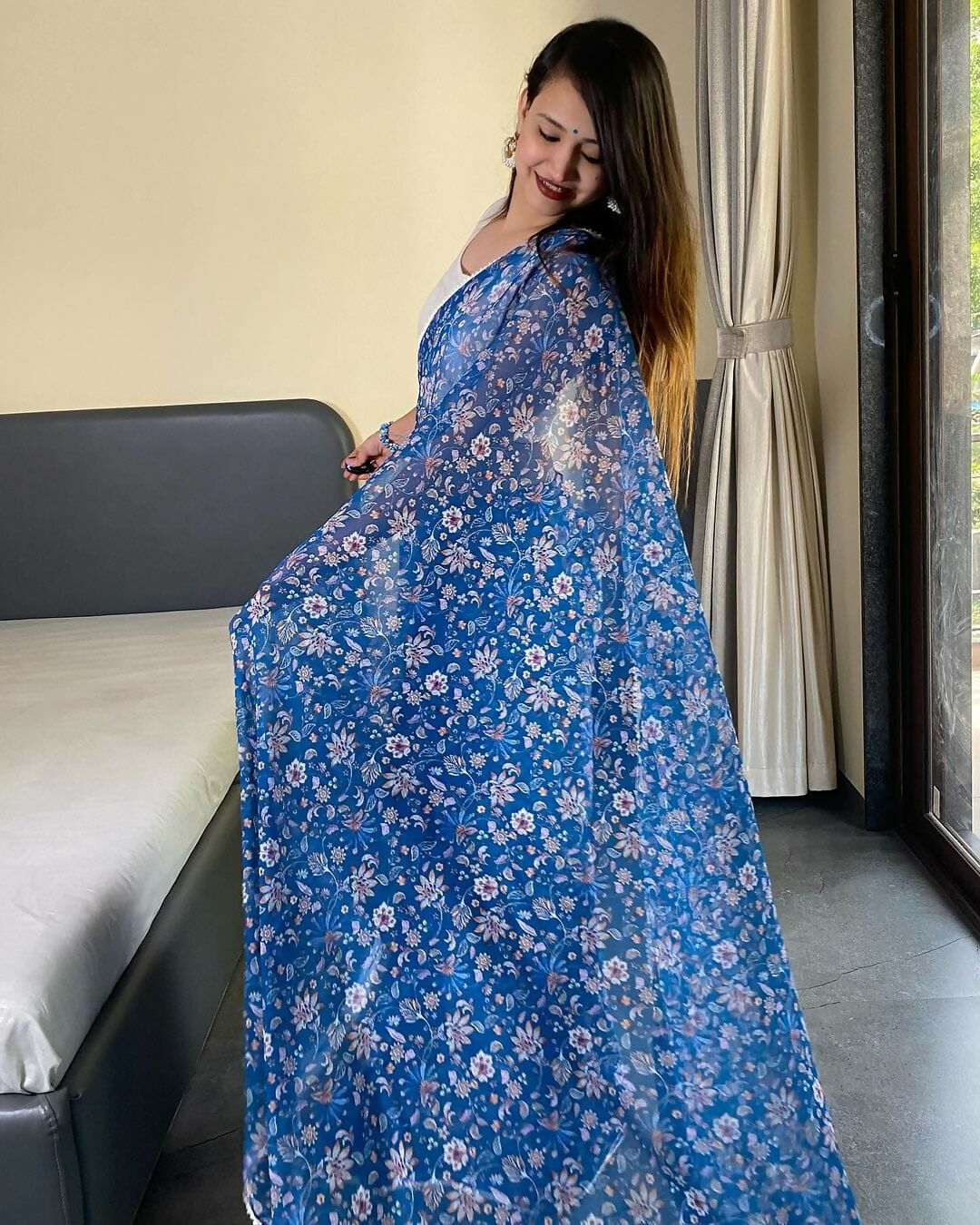 Malishka Georgette Printed Ready To Wear Saree With Blouse Piece - Blue - Distacart
