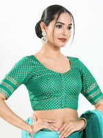 Thumbnail for Joban Fashion Rama Green Brocade Padded Blouse With Round Neck Elbow Sleeves - Distacart