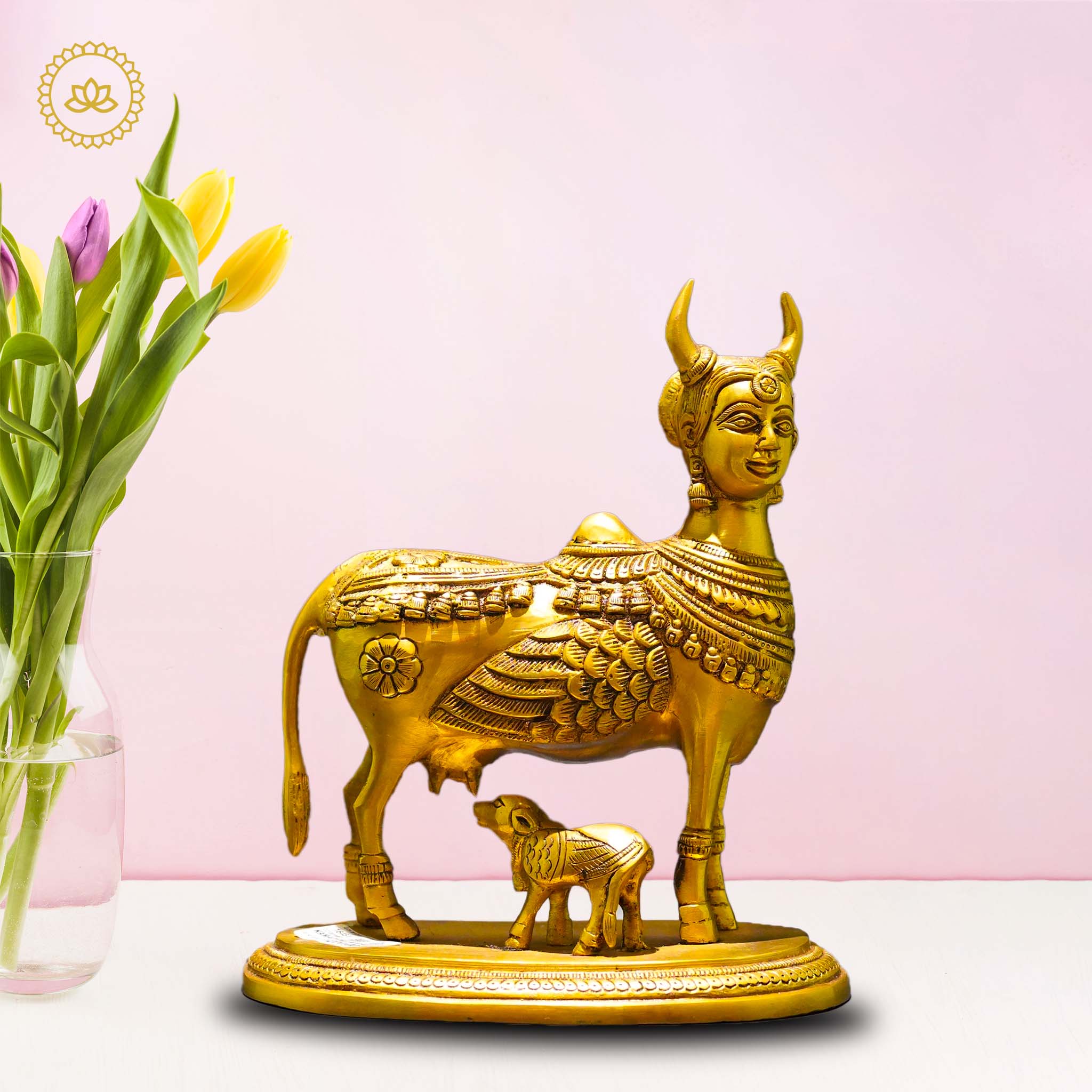 Brass Kamadhenu with Calf Idol - Divine Source of Fulfillment and Nourishment - Distacart