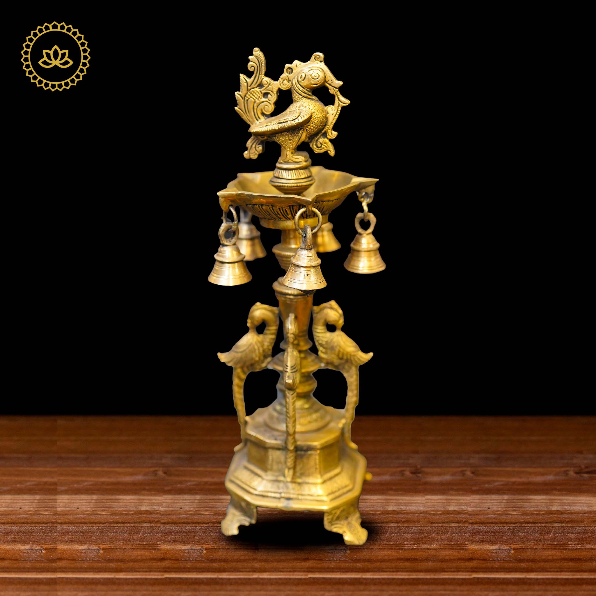 Brass Peacock Diya with Five Oil Wicks and Bells - Distacart