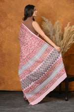 Thumbnail for Very Much Indian Pure Cotton Handblock Printed Saree - Light Pink - Distacart