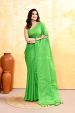 Thumbnail for Piyari Fashion Women's Green Embellished Cotton Blend Zari Check Handloom Saree - Distacart