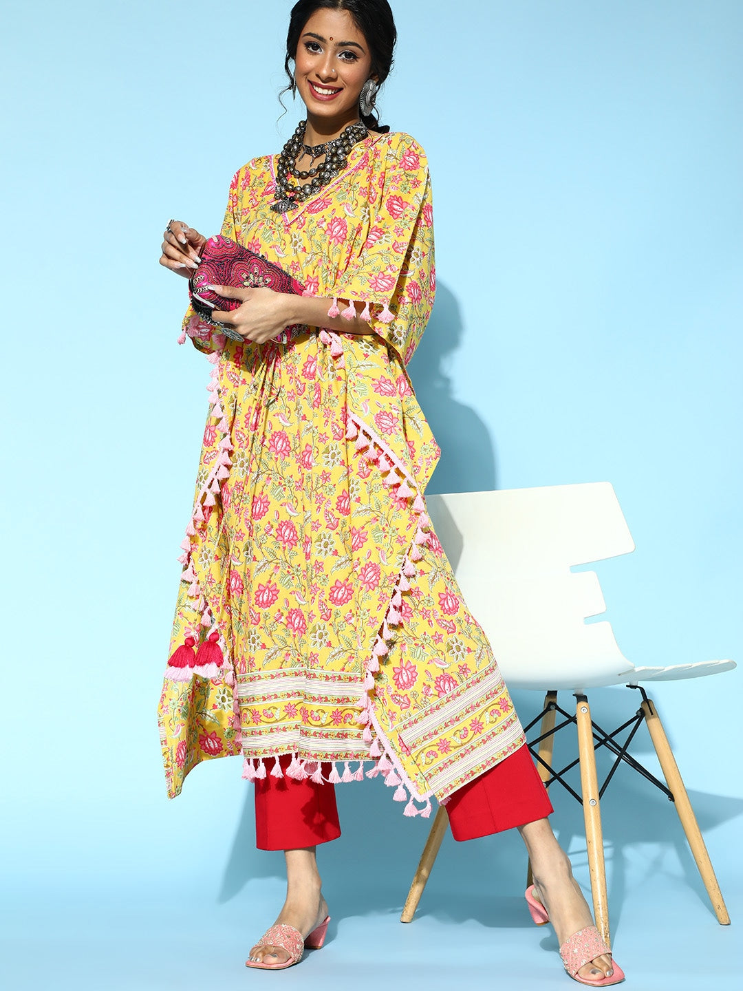 Yufta Bright Yellow Printed Kaftan Kurta - Distacart
