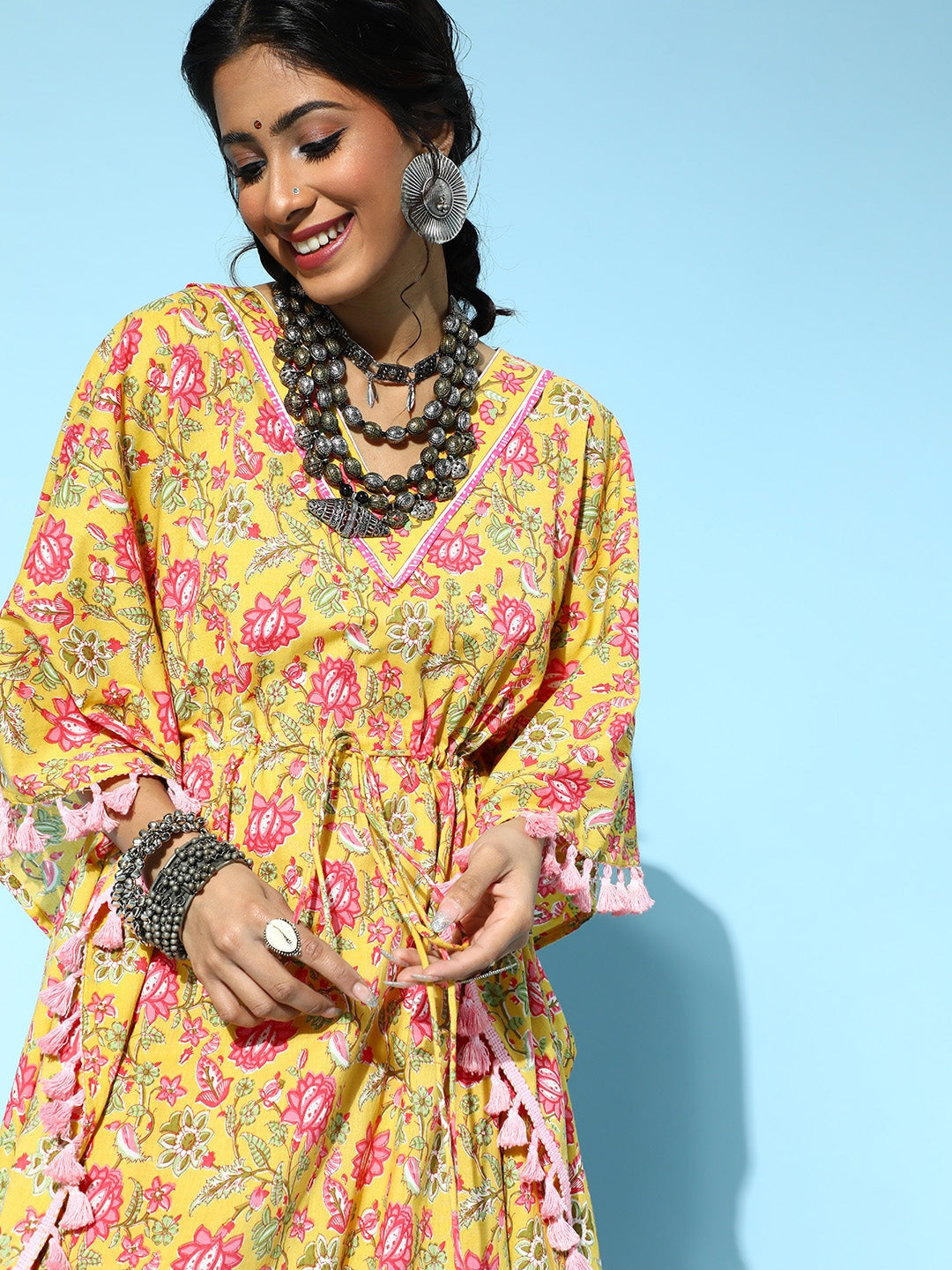 Yufta Bright Yellow Printed Kaftan Kurta - Distacart