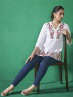 Thumbnail for Anouk White and Pink Floral Embroidered Thread Work Cotton A-Line Kurta