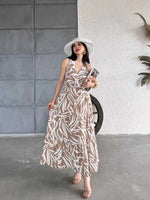 Thumbnail for Pimu Viscose Patterned Summer Dress - Elastic Waist, V-Neck - Brown