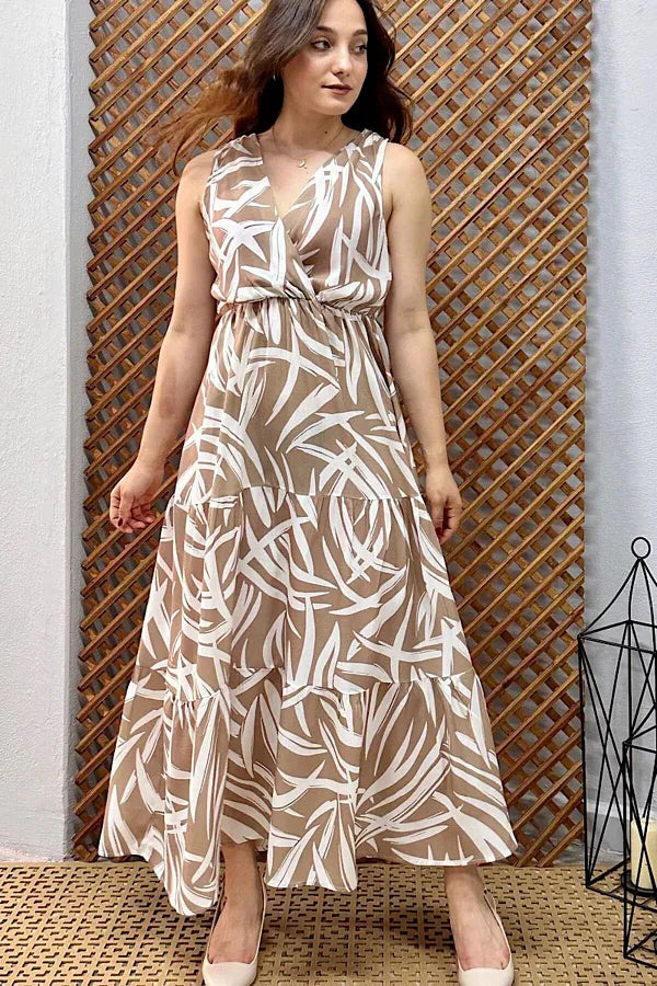 Pimu Viscose Patterned Summer Dress - Elastic Waist, V-Neck - Brown