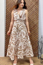 Thumbnail for Pimu Viscose Patterned Summer Dress - Elastic Waist, V-Neck - Brown