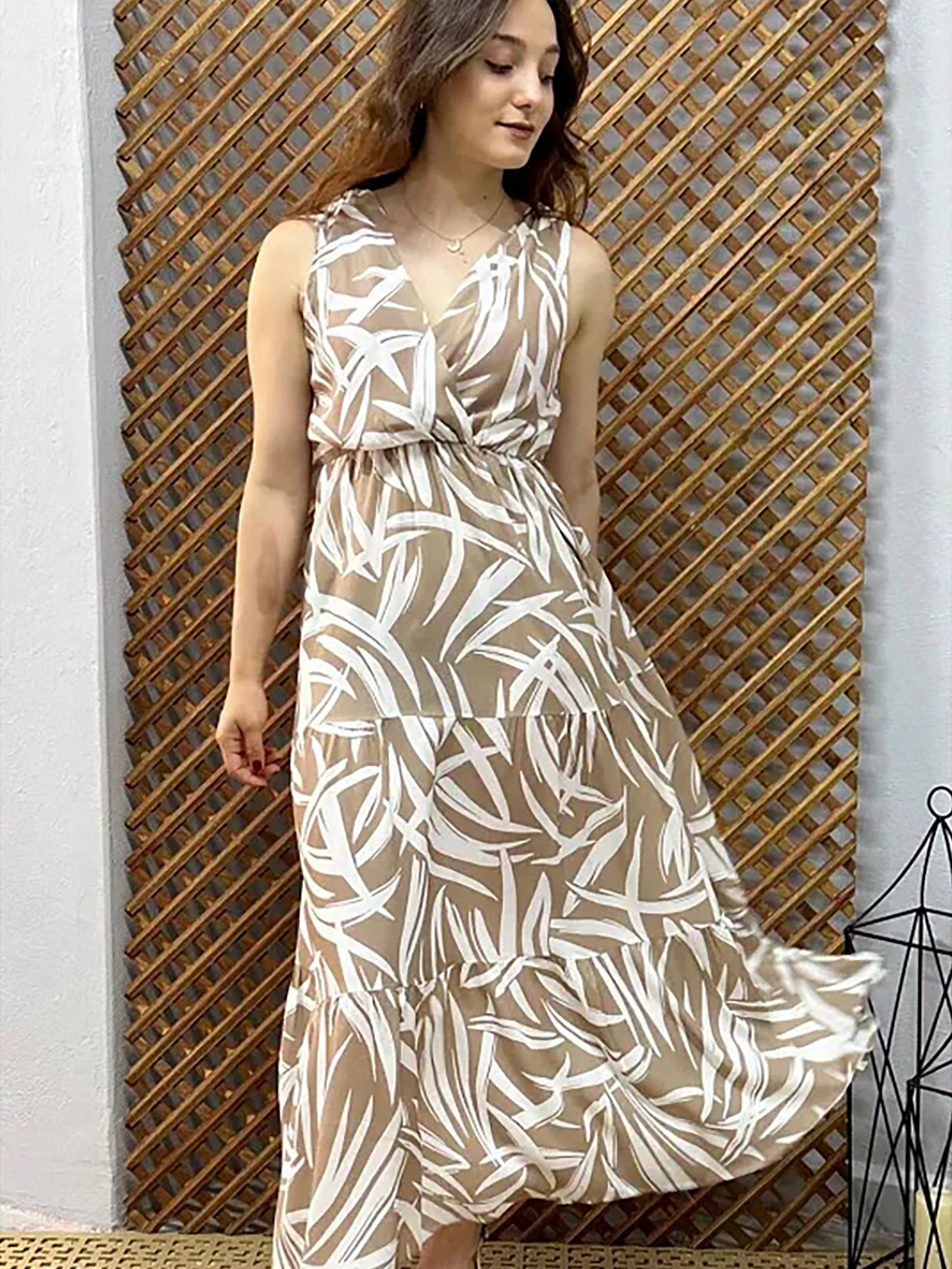 Pimu Viscose Patterned Summer Dress - Elastic Waist, V-Neck - Brown