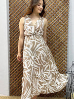 Thumbnail for Pimu Viscose Patterned Summer Dress - Elastic Waist, V-Neck - Brown
