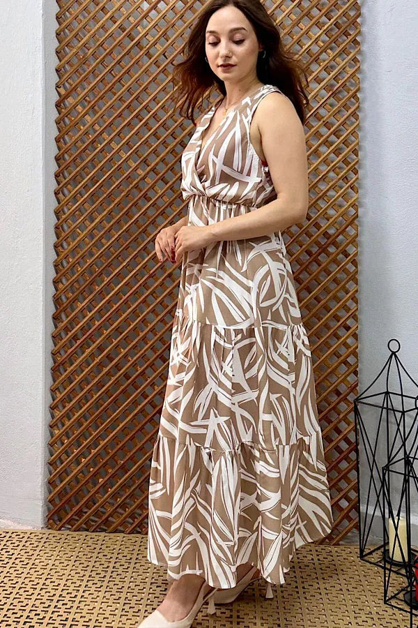 Pimu Viscose Patterned Summer Dress - Elastic Waist, V-Neck - Brown