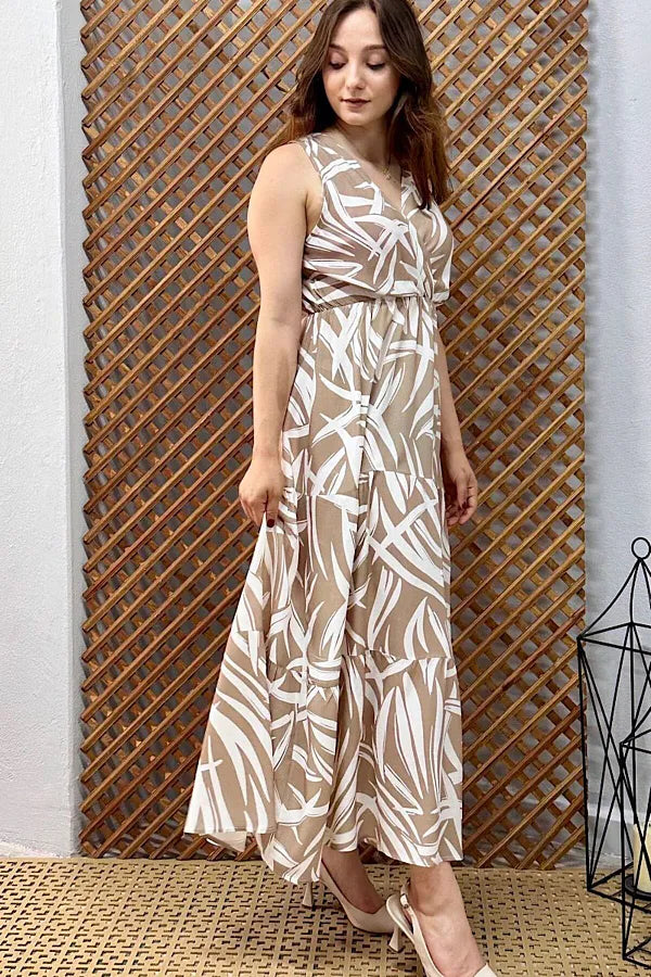 Pimu Viscose Patterned Summer Dress - Elastic Waist, V-Neck - Brown