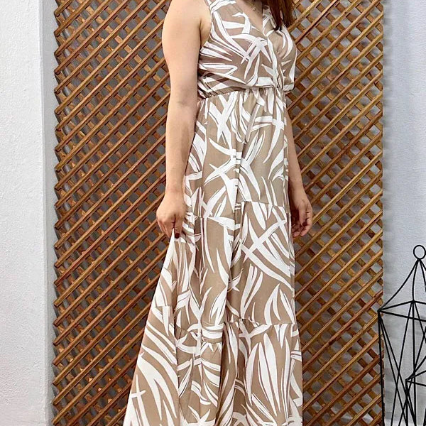 Pimu Viscose Patterned Summer Dress - Elastic Waist, V-Neck - Brown