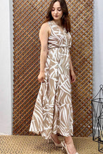 Thumbnail for Pimu Viscose Patterned Summer Dress - Elastic Waist, V-Neck - Brown