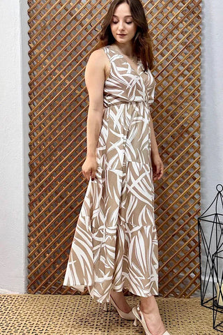 Pimu Viscose Patterned Summer Dress - Elastic Waist, V-Neck - Brown