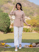 Thumbnail for Yufta Brown Cotton Checks Embroidery Top