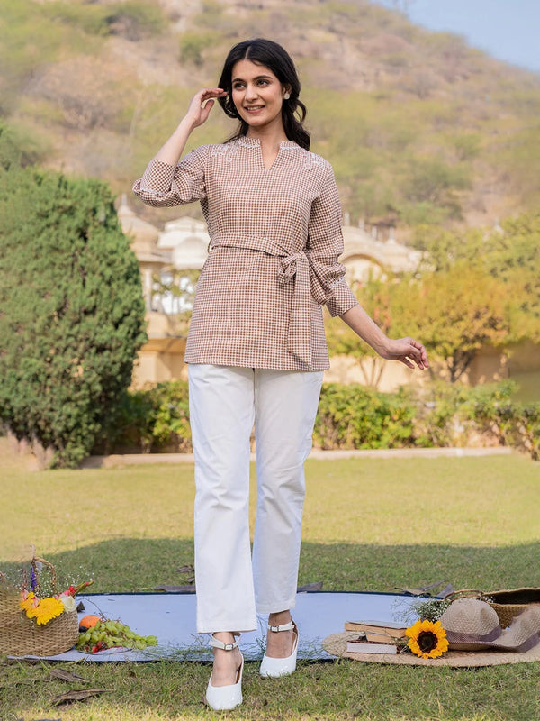 Yufta Brown Cotton Checks Embroidery Top