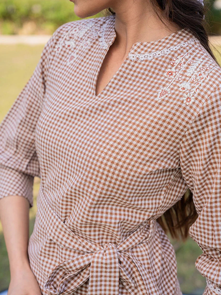 Yufta Brown Cotton Checks Embroidery Top