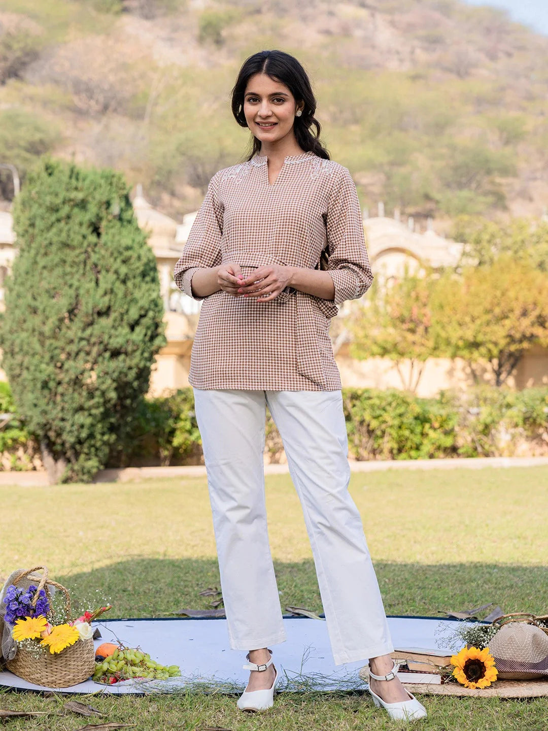 Yufta Brown Cotton Checks Embroidery Top