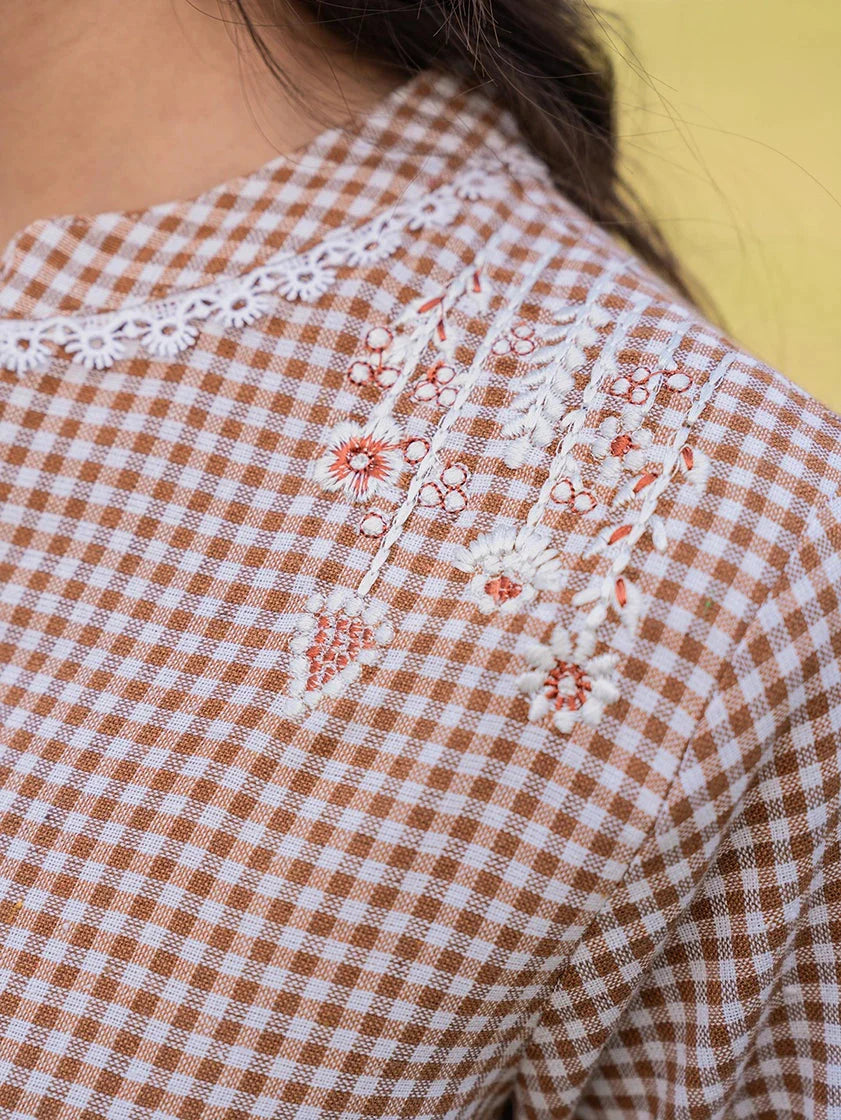 Yufta Brown Cotton Checks Embroidery Top