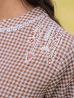 Thumbnail for Yufta Brown Cotton Checks Embroidery Top