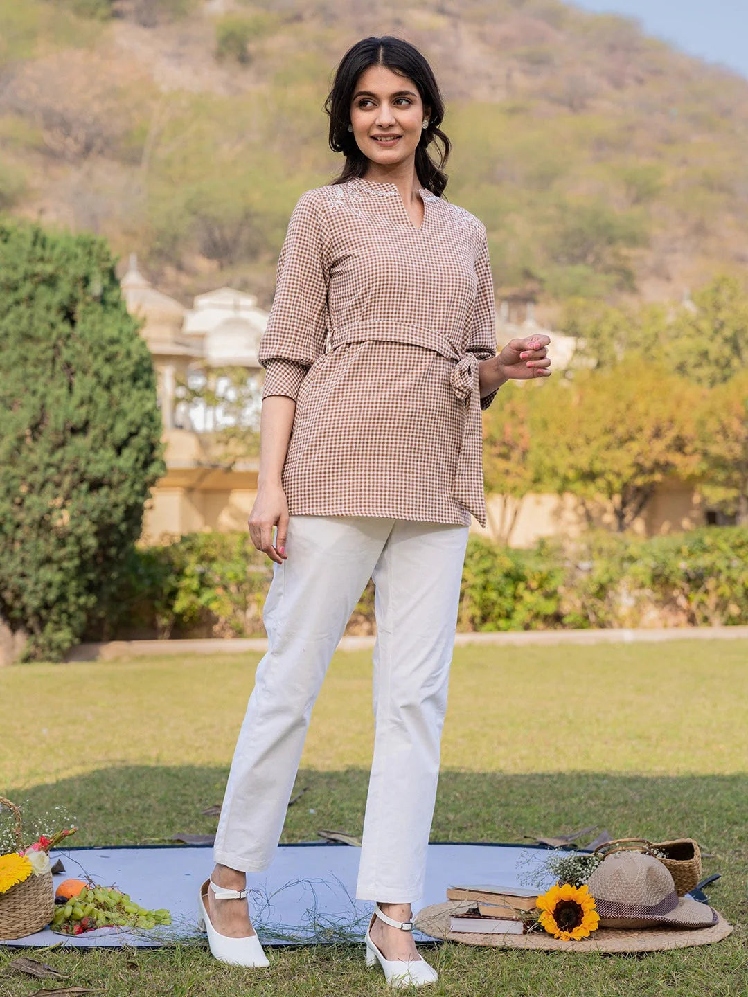 Yufta Brown Cotton Checks Embroidery Top