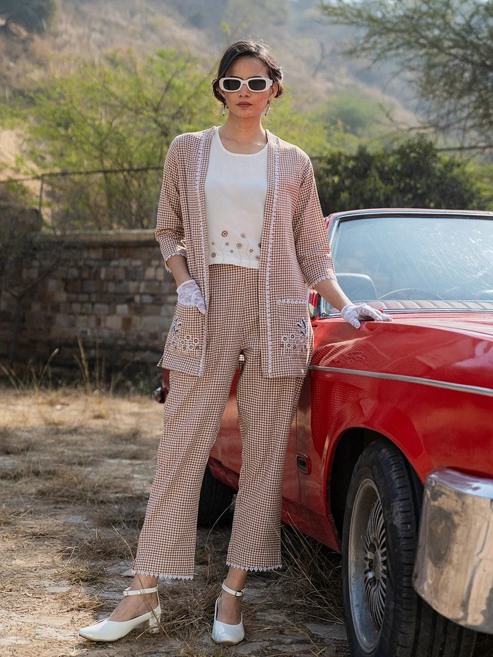 Yufta Brown Cotton Checks Print Co Ord Set With Embroidery - Distacart