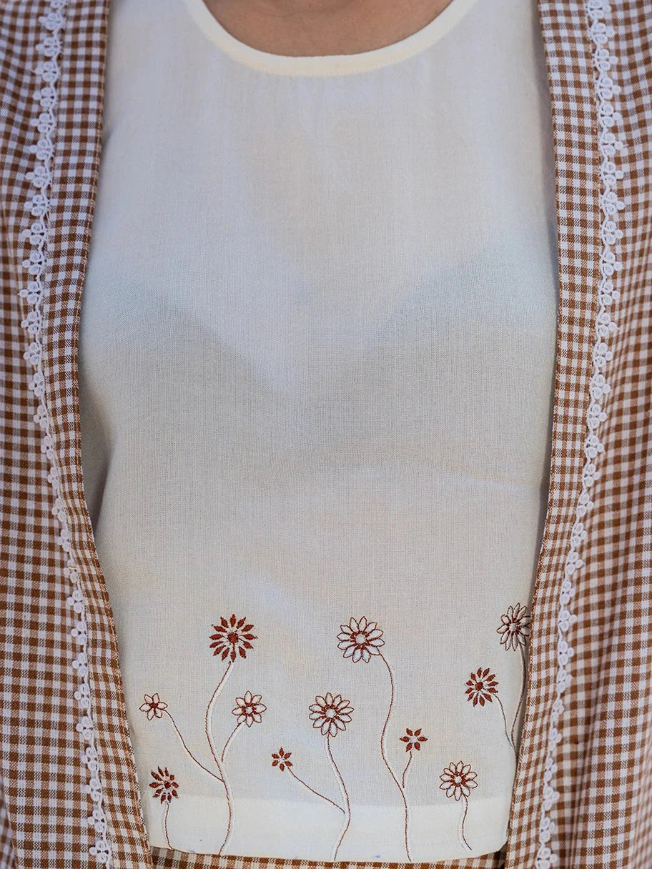 Yufta Brown Cotton Checks Print Co Ord Set With Embroidery
