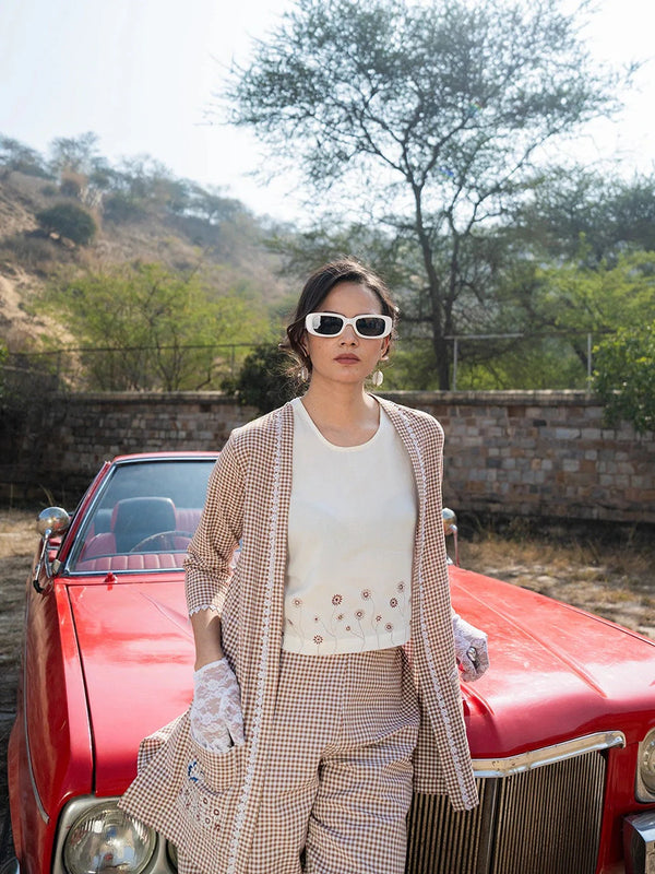 Yufta Brown Cotton Checks Print Co Ord Set With Embroidery