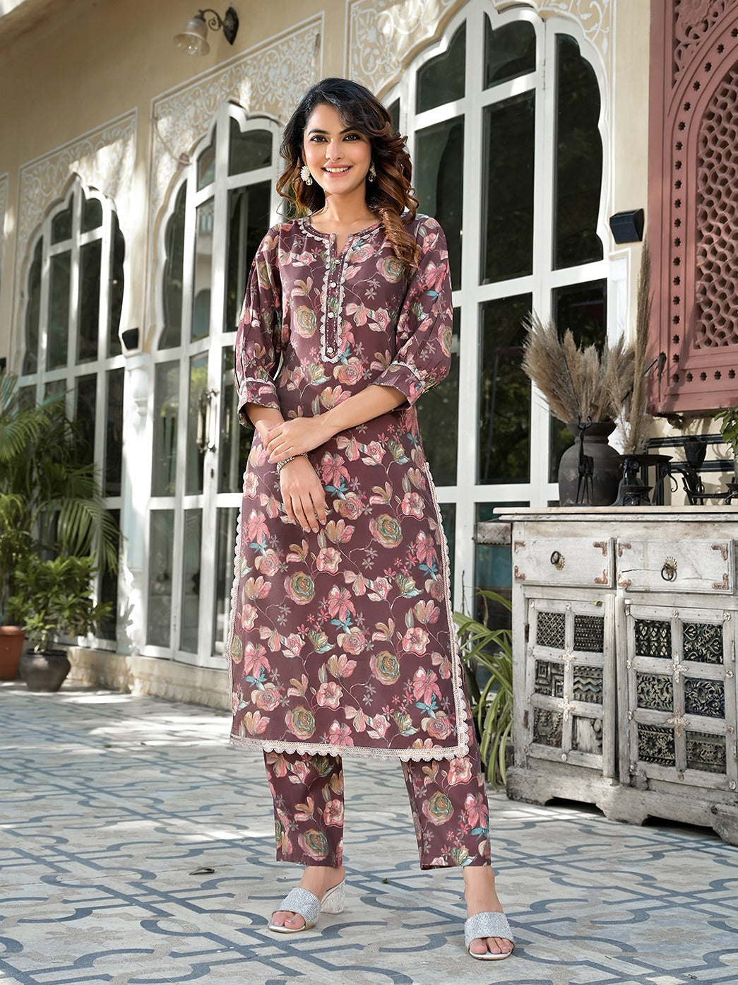 Yufta Brown Floral Print,Patch_Work Straight Kurta Trouser Set - Distacart