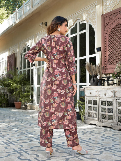 Yufta Brown Floral Print,Patch_Work Straight Kurta Trouser Set - Distacart