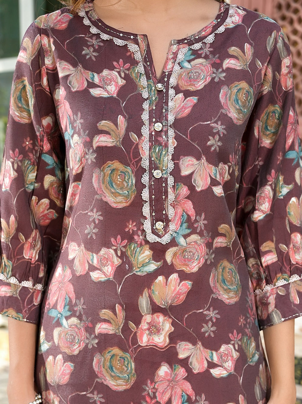 Yufta Brown Floral Print,Patch_Work Straight Kurta Trouser Set