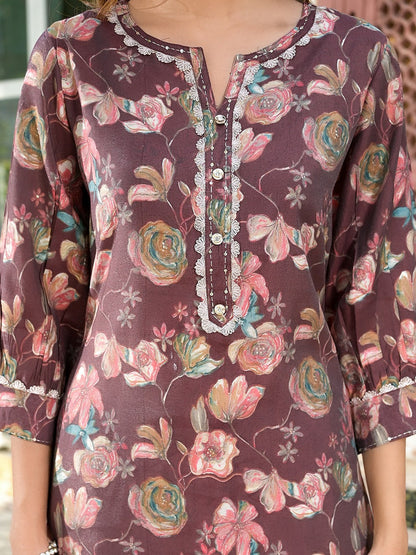 Yufta Brown Floral Print,Patch_Work Straight Kurta Trouser Set - Distacart