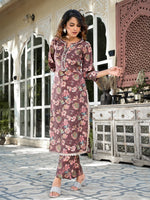 Thumbnail for Yufta Brown Floral Print,Patch_Work Straight Kurta Trouser Set