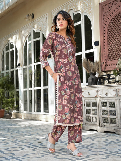Yufta Brown Floral Print,Patch_Work Straight Kurta Trouser Set - Distacart
