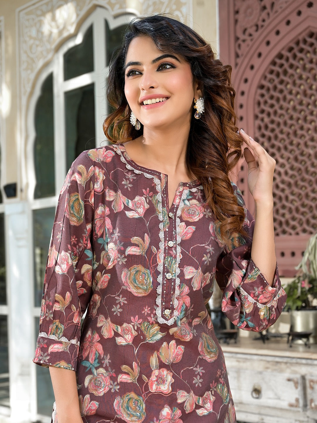 Yufta Brown Floral Print,Patch_Work Straight Kurta Trouser Set